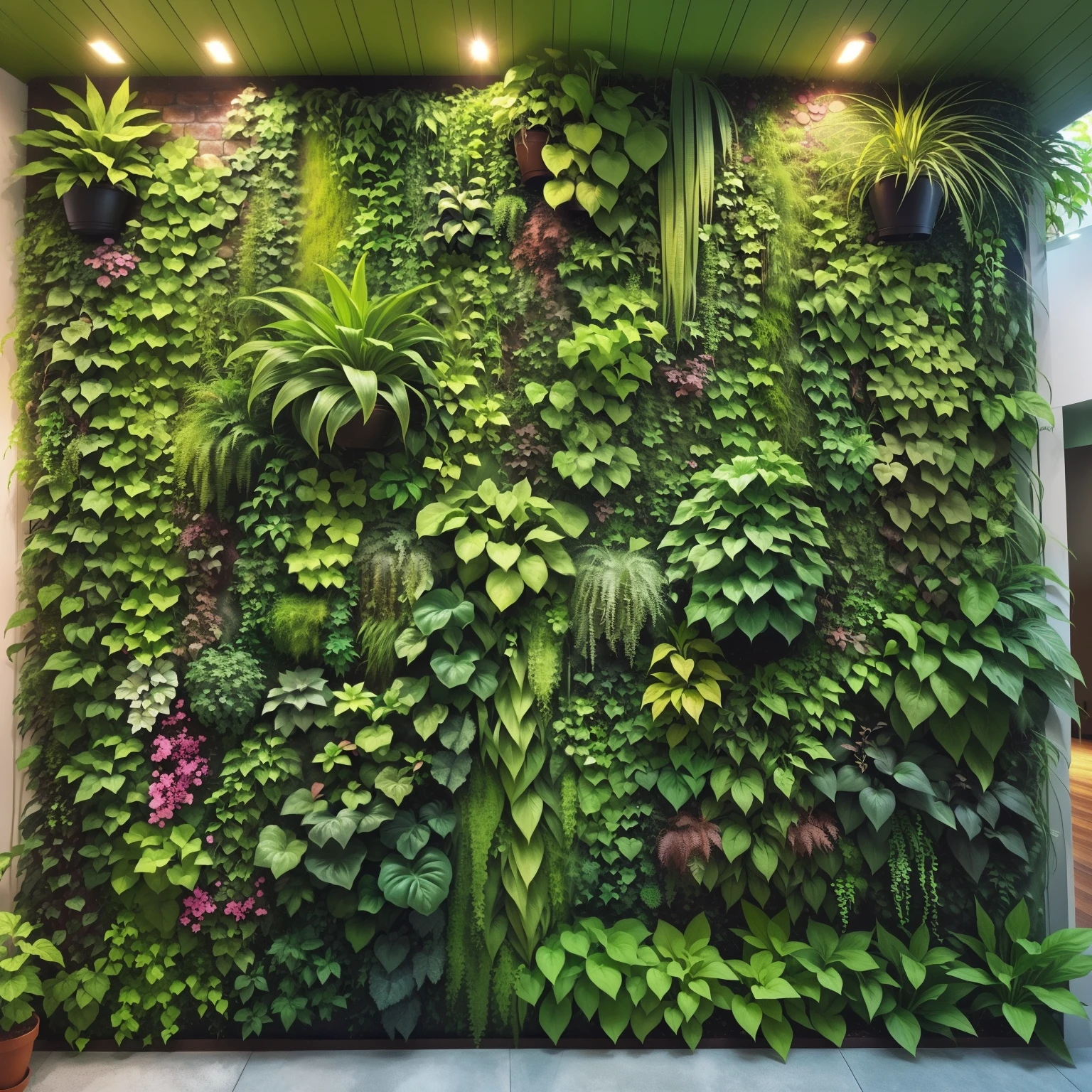 Close-up of plants and plants growing on the wall, green plant green wall, Green plant wall, Vertical garden, green wall, detailed beautiful plants, green wall, lush gardens hanging, adorned with all kind of plants, filled with plants and habitats, a masterpiece of art, Botanical architecture, Lush plants, vibrant green plants