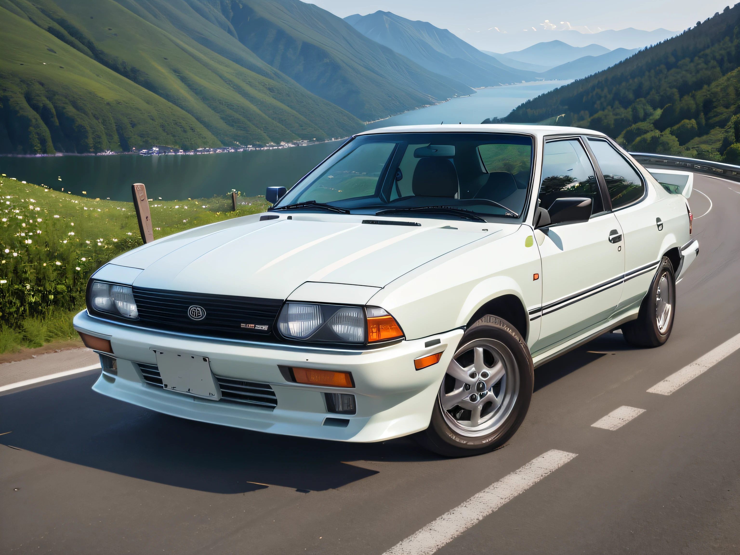 超A high resolution、An ultra-high picture quality、8K、Detailed details、marvelous expression、early summer valley、beautiful fresh green、A pure white sports car runs on a mountain road built along the mountain....、Toyota Corolla Levin 1600DOHC Turbo 1983
