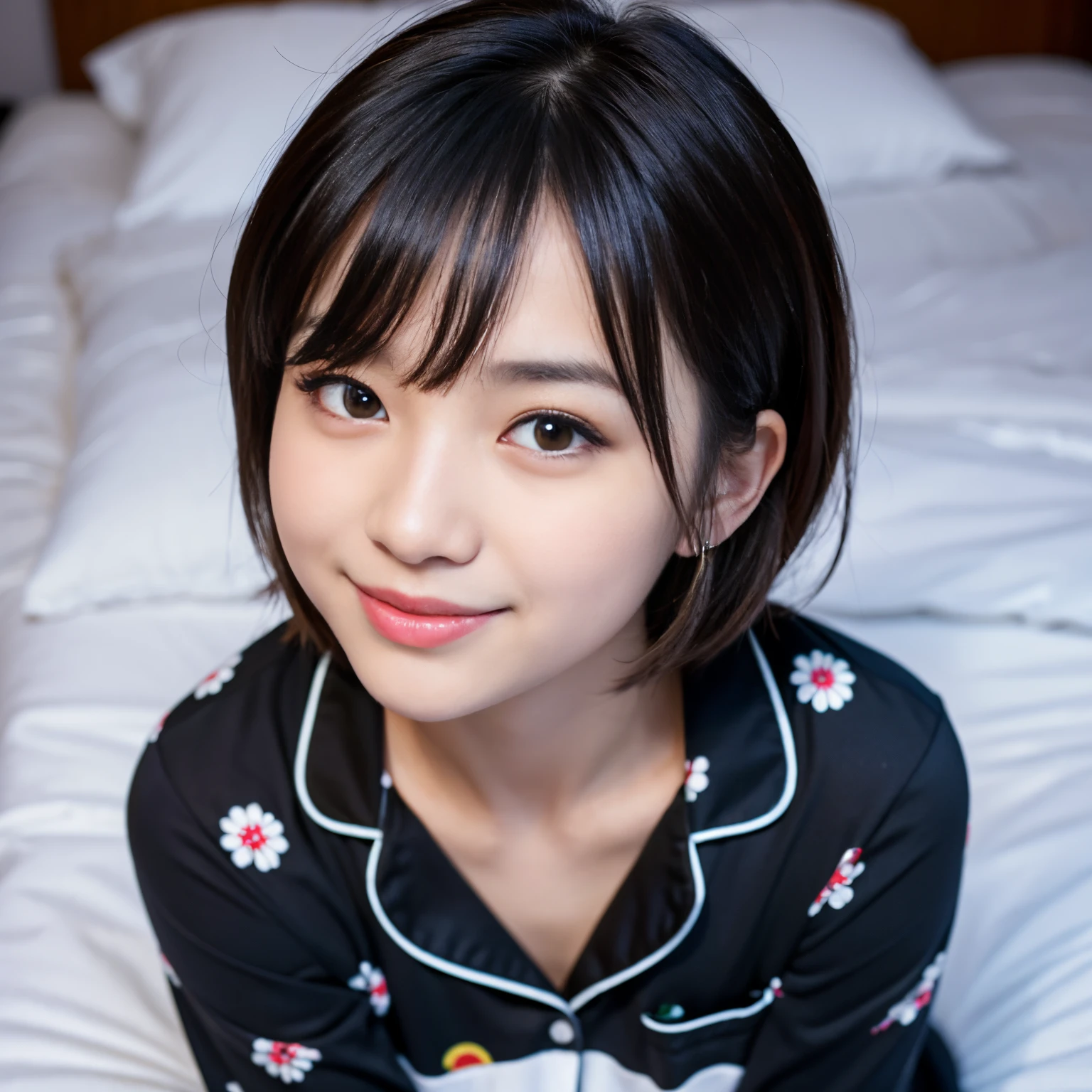 Best-quality, Masterpiece, Ultra-High-Resolution, (Photorealistic:1.4), Raw-Photo, Extremely-Details, Perfect-Anatomy,
1girl, on bed, 15-years-old, most popular Japanese idol,
lying face up, looking at viewer, innocent smile, portrait, face focus, close-up,
extremely cute face like a most famous Japanese idol, extremely beautiful big black solid circle eyes, extremely beautiful short-cut-haired, extremely beautiful realistic skins, extremely beautiful lips, extremely beautiful long eyelashes,
(wearing cute designed winter pajama),
detailed cute face, detailed beautiful big black solid circle eyes, detailed beautiful short-cut-haired, detailed beautiful realistic skins, detailed beautiful lips, detailed beautiful long eyelashes,
detailed cute designed winter pajama