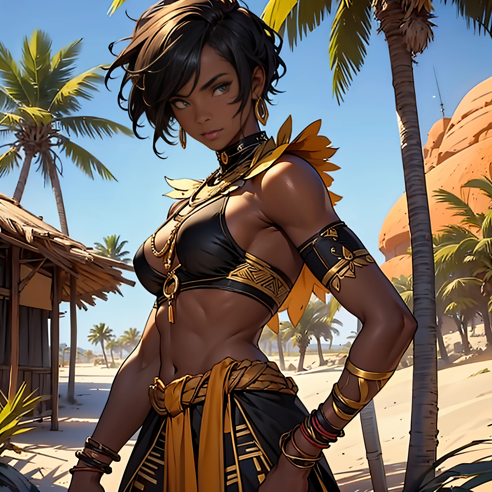 masterpiece, Best Quality, detailed, Cinematics, Close-up of a person'Upper body body, 4k, african tribal warrior(Black woman with short ocher hair), Background with: Golden desert oasis and palm trees