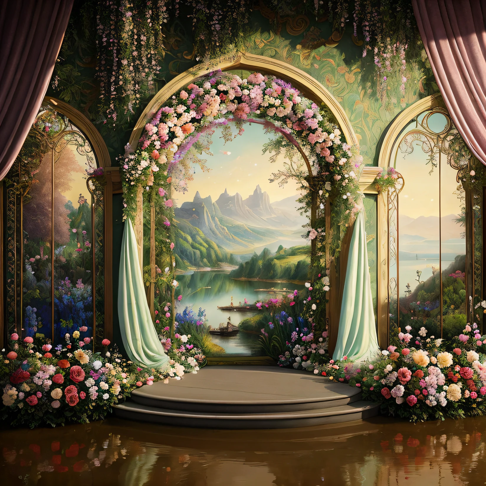 there is a stage with a painting of a lake and flowers, stunning arcanum backdrop, ornate backdrop, baroque style painting backdrop, ornate and intricate backdrop, fantasy scenic, dreamy and detailed, light kingdom backdrop, coliseum backdrop, dream scenery art, beautiful render of a fairytale, floral environment, art nouveau environment, royal garden background, scenery artwork, romantic landscape, theatrical scenery