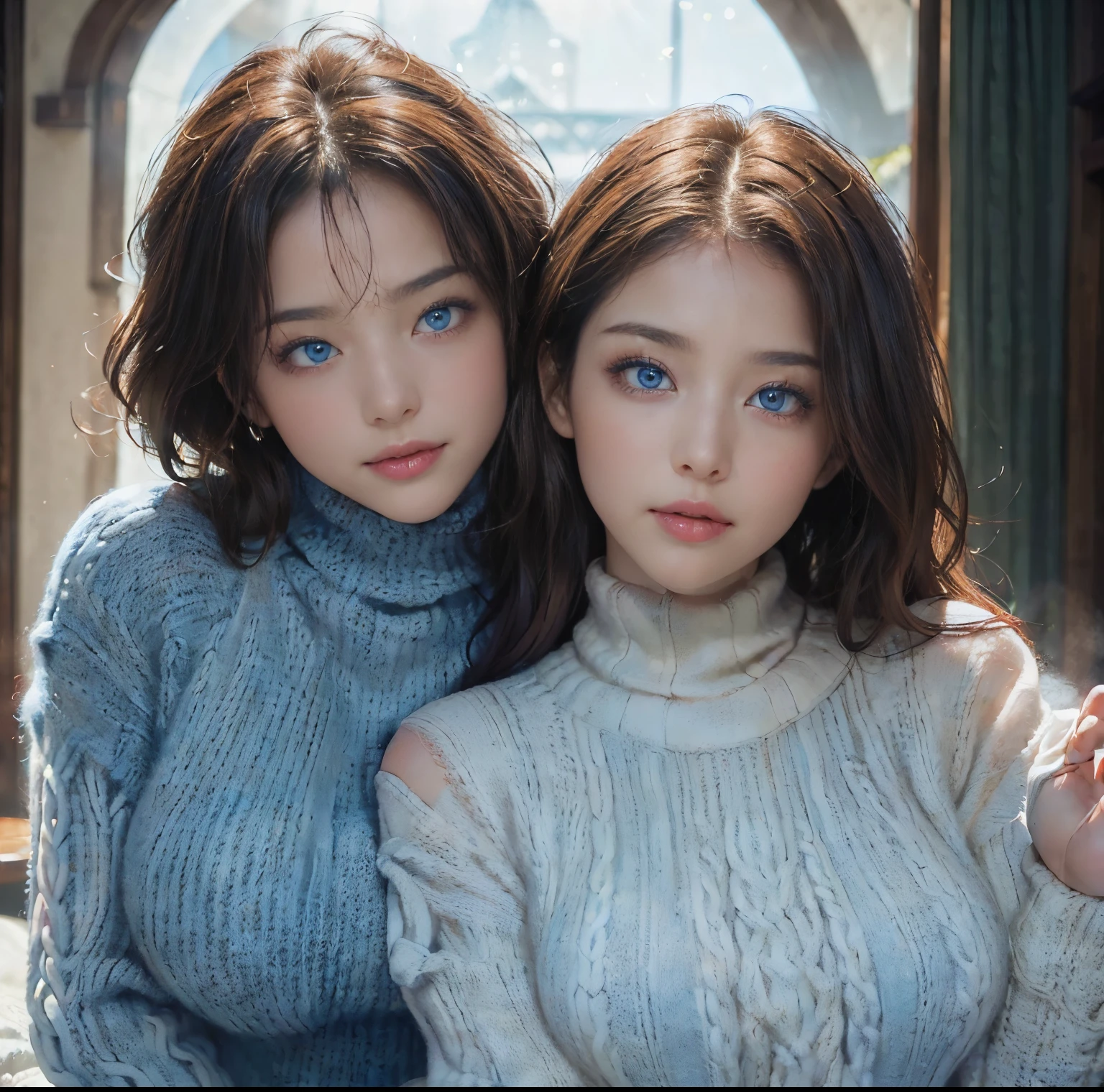 top-quality, 8K picture quality, masterpiece, (Professional lighting without shadows), (Two women in love:1.2), (with perfect body、Colossal breasts with tension:1.3), (Bright whitening skin:1.3), (Bright and beautiful blue eyes with plump red tear bags reflect a lot of light.:1.4)、 (They are wearing turtleneck light knits.), (The upper body is covered with knitwear and no skin is exposed.:1.5), (Show off your proud big breasts while emphasizing them from the front.:1.2),