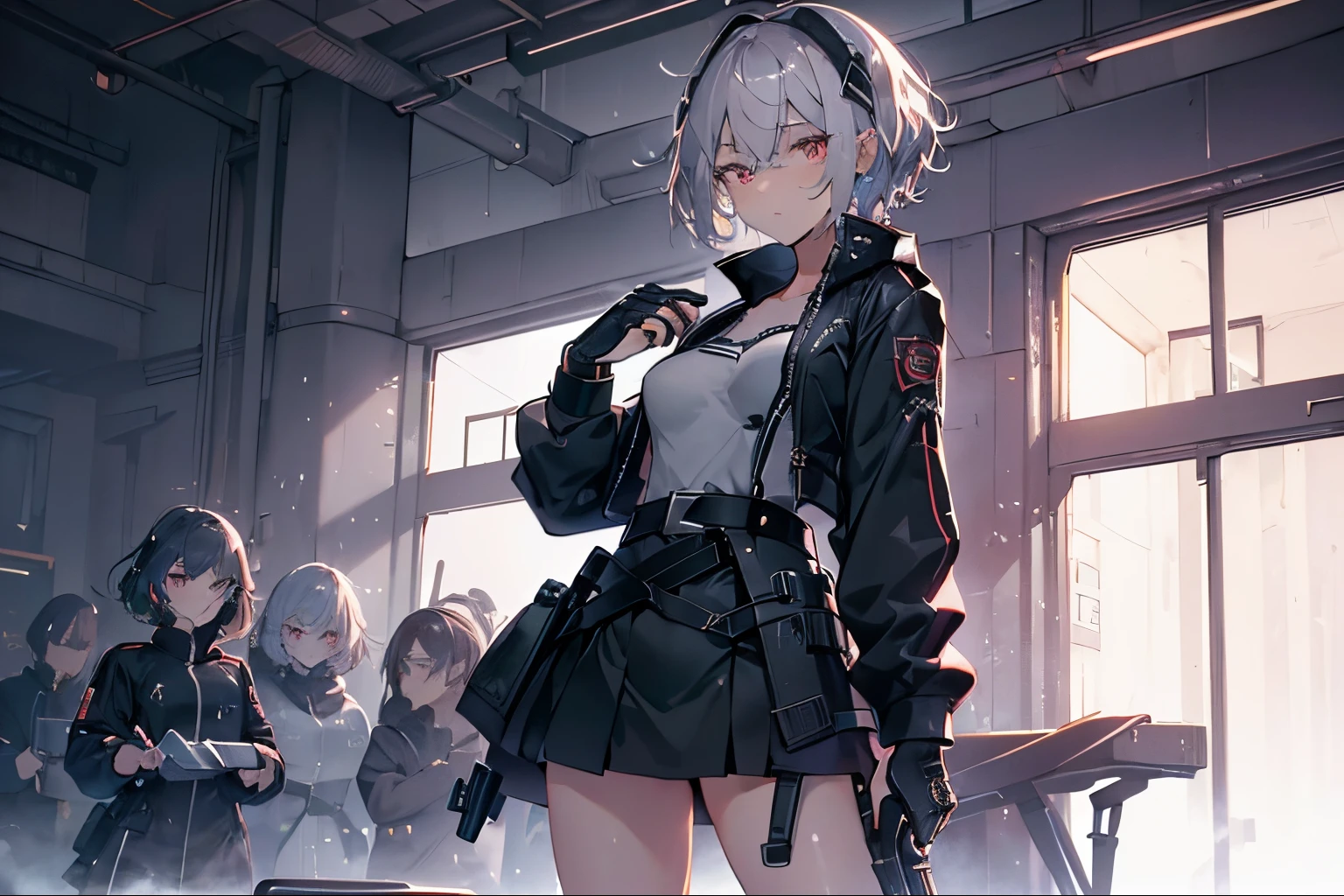 ⓪Action:(holding pistol,: 1.5), Finger guns, put one’s finger on trigger,
①Quality:(ultra-detailed:1.3), masterpiece, 8k, extremely detailed CG, (1 girl), Perfect hands:1.2), (Perfect Anatomy:1.2), (beautiful face: 1.1), Intricate Iris Details, Captivating Eye Reflections, Sparkling Highlights in the Eyes, Depth and Dimension in the Pupils, Subtle Color Variations in the Iris, Meticulous Eyelash Details, Depth and Dimension in the Pupils,
②Lighting:brightening light, moody lighting, nature lighting, Best Illumination,
③ part: (small breasts: 1.2), shiny hair, floating hair, sparkling pupils, detailed face, detailed eyes, detailed skin, shiny hair,
④Style: animation, illustration, (blush:1.0), Mass sweat
⑤Subject (short hair:1.3), (White hair, short hair, red eyes, ),
⑥Environment:shooting range,Cyber cty,
⑦Construction:Upper body, looking away,
⑧Costume : (Manteau,black one-piece military uniform,black skirt,belt at under the breast,: 1.3), Beautiful breasts,black tights,
⑨Others:(Toned wais,slender bod,small hea,Seven-headed body, beauty legs, Footboard beauty),