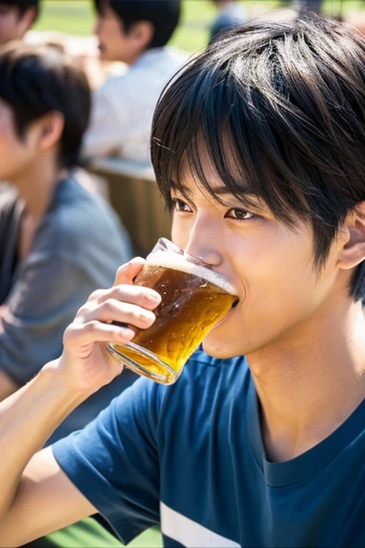 50 Japanese men,Close-up of a delicious looking face drinking beer