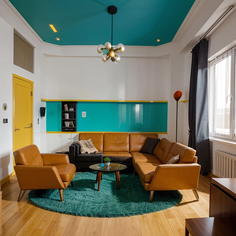 Ein futuristisches Zimmer mit guter Inneneinrichtung und sehr bunt mit verschiedenen Farben