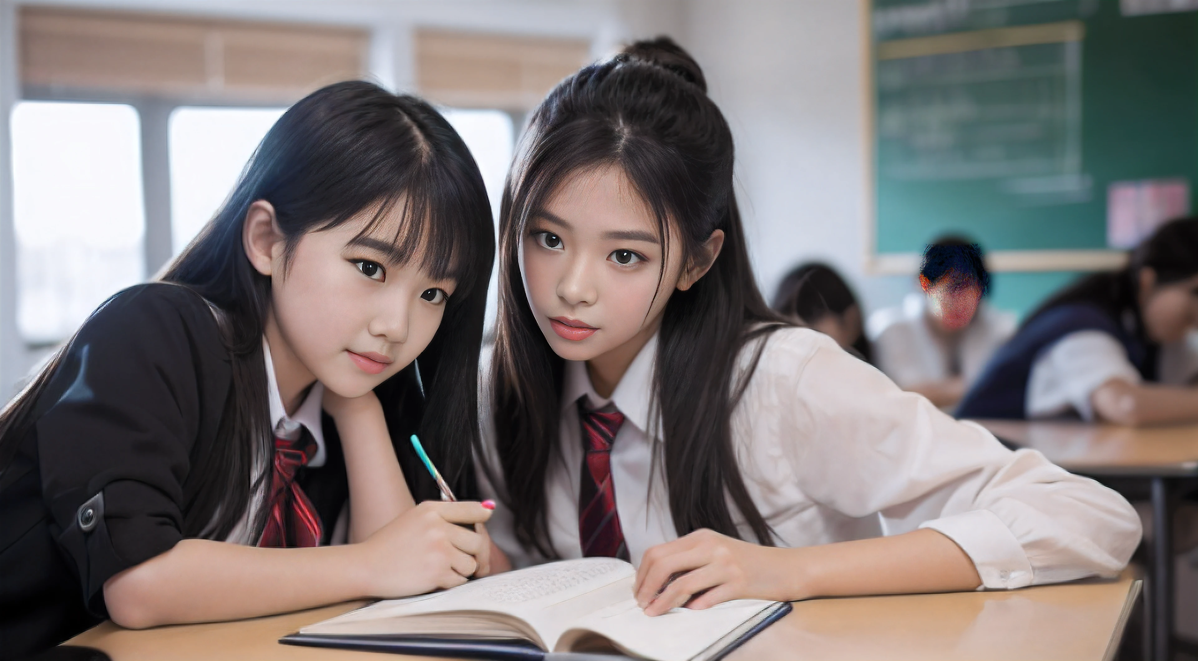 1girl in,Portrait, A-cup, Supermodel Body, Beautiful, 2 girls, Both are in uniform, Individual instruction in after-school classrooms, Studying, Bokeh, Rim lighting, Medium Long Shot, masutepiece, 准确, Anatomically correct, Textured skin, Using Reflectors, F/1.4, 35 mm, Canon EOS 5D Mark IV, Regina Display, Super Detail, high details, High quality, Best Quality, hight resolution, nffsw, 1080p, hard disk, 4K, 8K