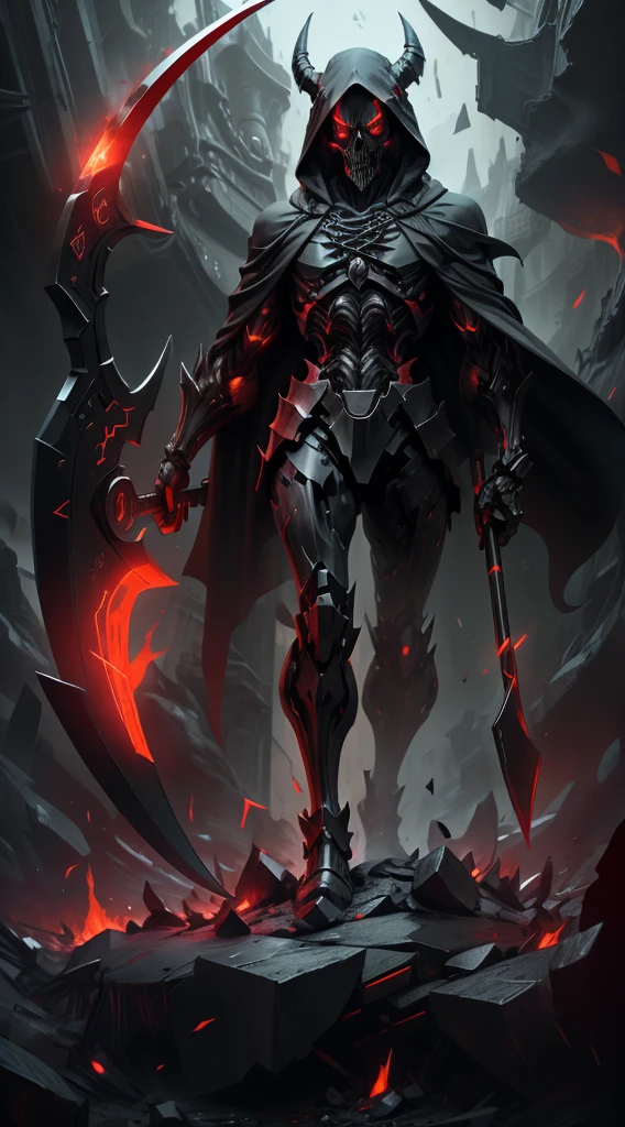 Male grim reaper with glowing red eyes, hood, metal horns, mechanical body, hollow chest, lava grim reaper's scythe. black robes, in a dark world full of ashes and lava, full body, from below view, good anatomy, good body proportion