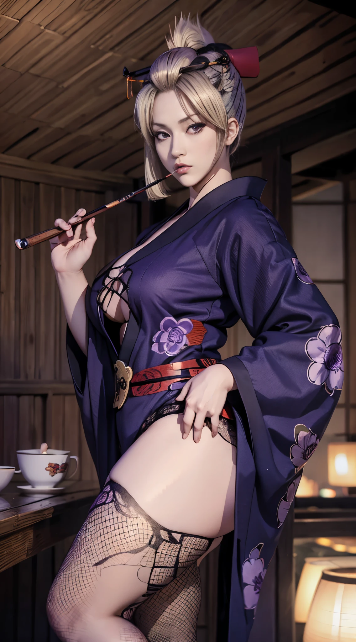Masterpiece, highlydetailed, Hyperrealistic, HD fullbodyshot from below of a beautiful Tsukuyo from gintama, wearing a falloff shoulders geisha outfit and fishnet, smoking pipe, face stitchs, glowing purple Eyes, blond hair, hairpins, high heels, traditional fan , perfect face features with serious gaze looking downward, perfect body shape with curvy and muscular seductive body,