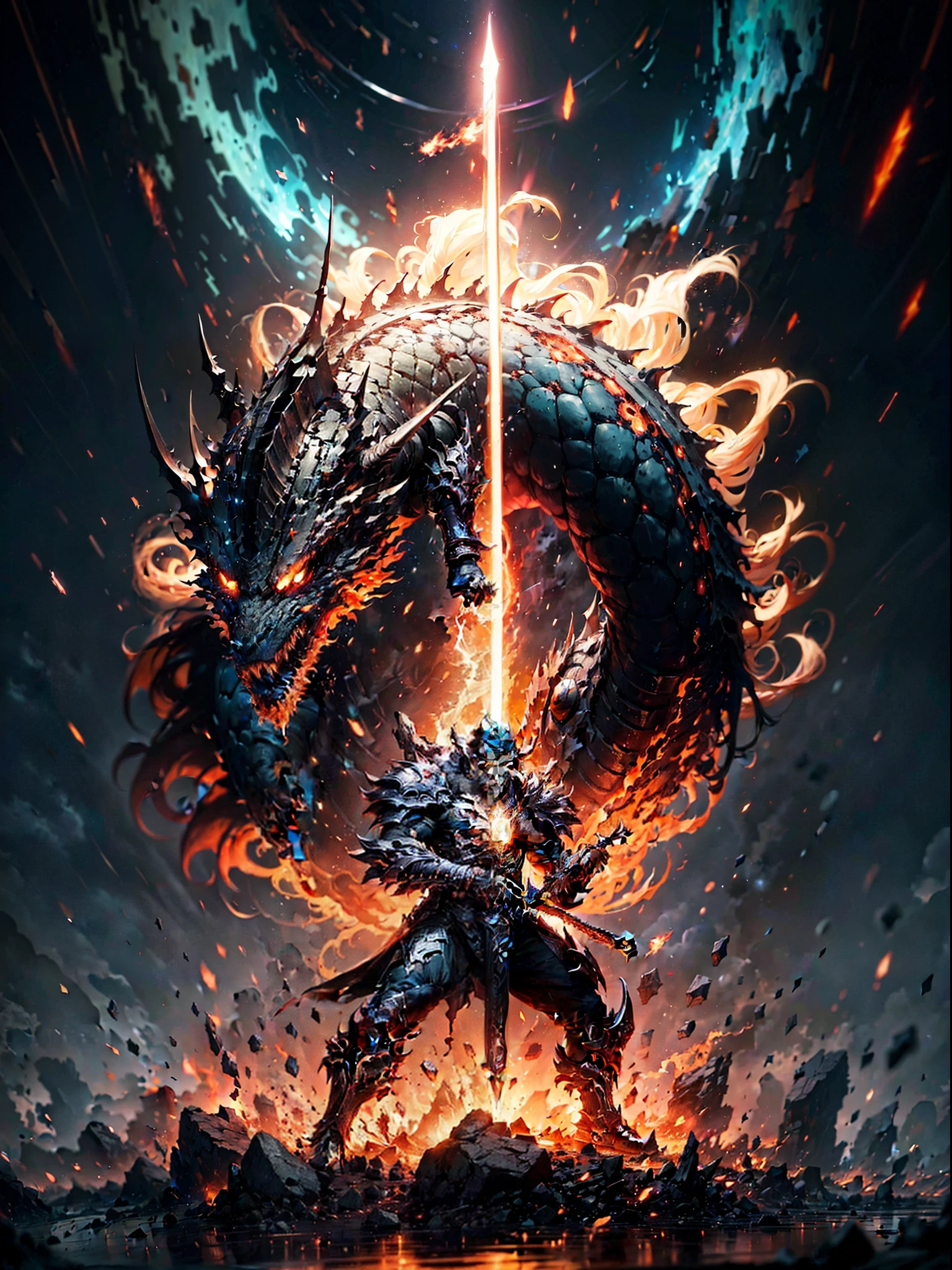 "Craft a high-resolution, ultra-detailed digital illustration featuring a 1 character embodying intense rage, wielding a dragon-killing sword imbued with cosmic dark void energy. This formidable character should be adorned in a cosmic dragon armor seamlessly fused with the same otherworldly energy. The backdrop should depict a cosmic battlefield, with destroyed planets and rifts in reality. The artwork should be of 4K or 8K resolution, ensuring meticulous attention to detail, and employing a perfect color combination to create a visually stunning yet chilling atmosphere. Capture the character's ferocity, the intricate design of the cosmic-infused sword and armor, and the cosmic chaos that surrounds them to evoke a sense of beauty amid cosmic fright, full body view, crystal clear digital art, facing camera, 4k, ultra-high detailed artwork,"