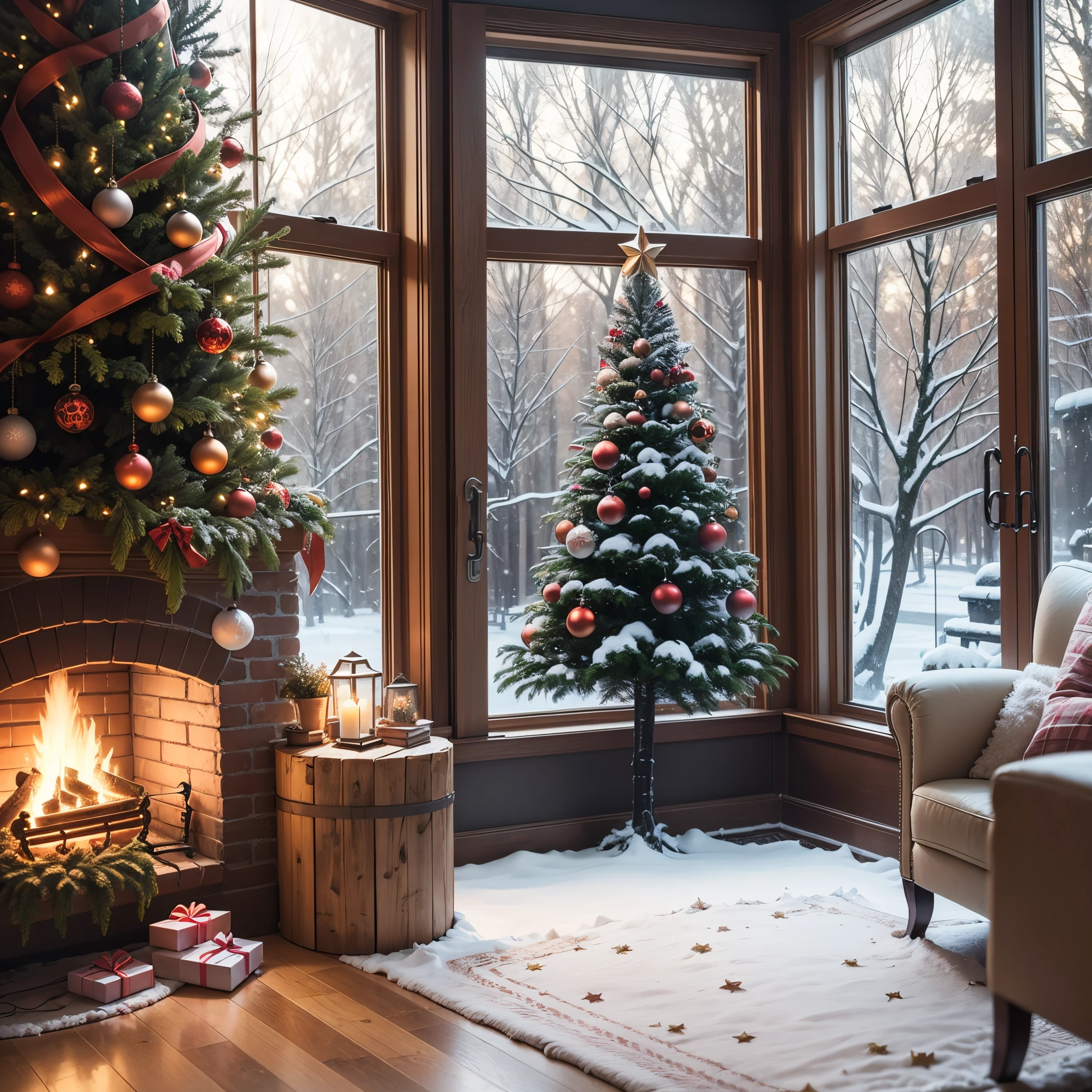 fireplace in cozy home, Christmas atmosphere, christmas tree, big window, decorative, super detaied decoration, winter environment outside window, --auto --s2