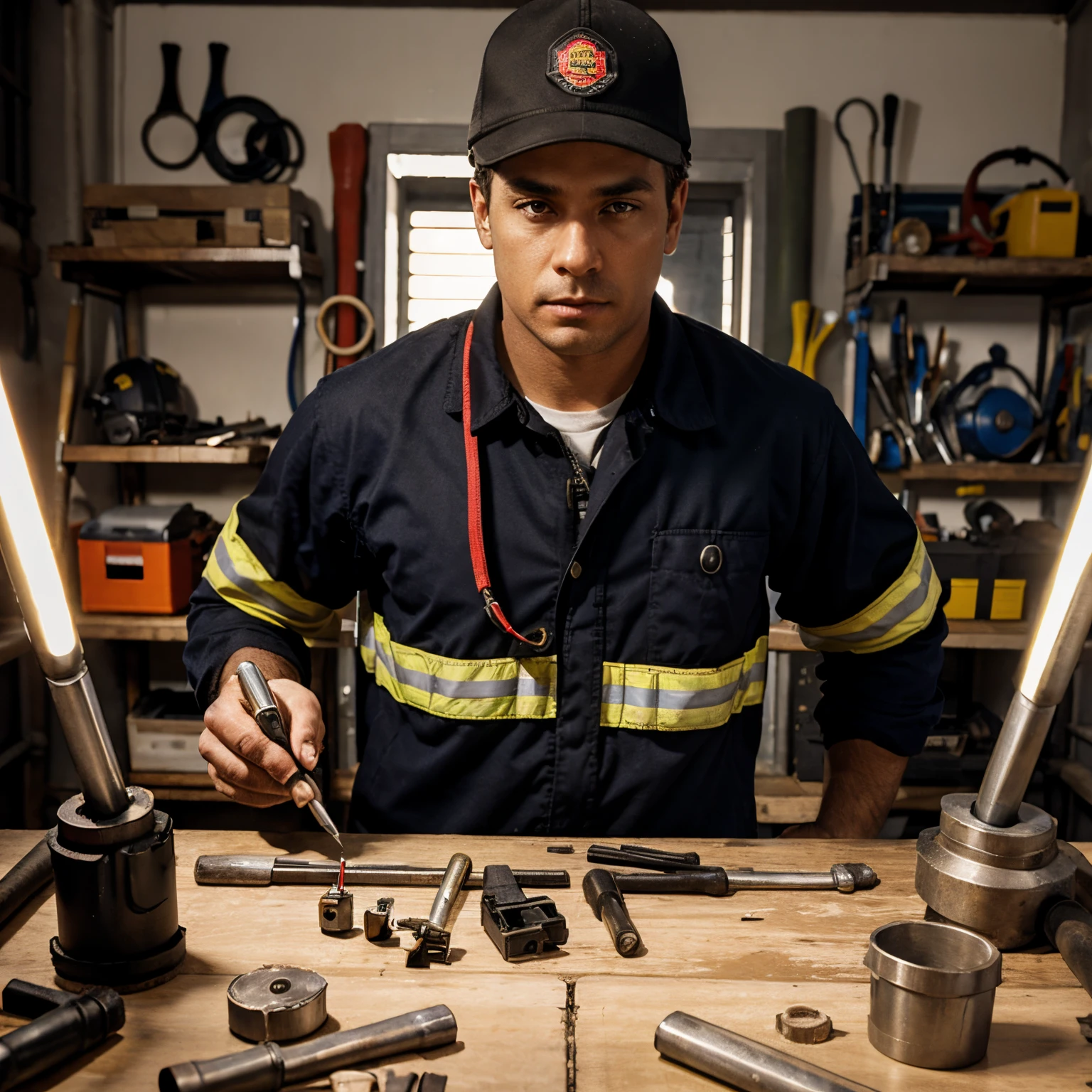 Worker in center with tools fireman