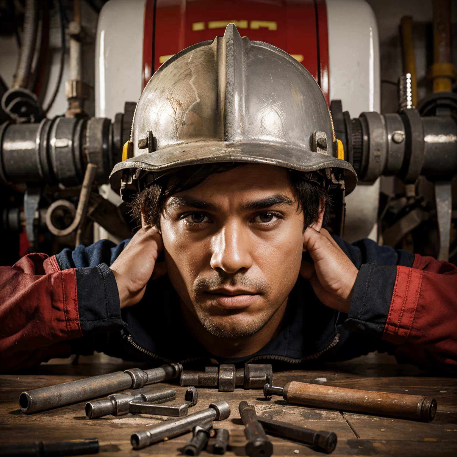 Worker in center with tools fireman