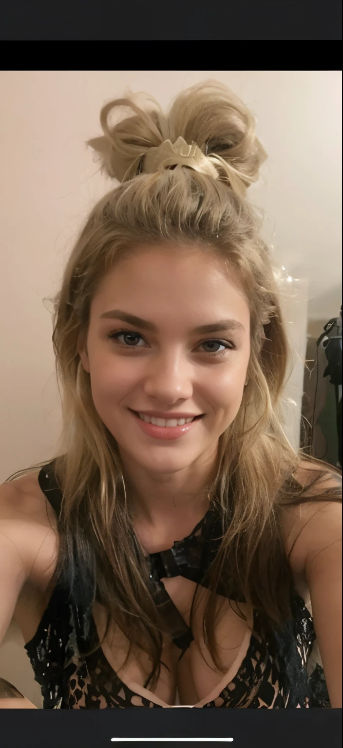 Giving blowjob, Verry messy hairstyle, long blonde hair, woman 18 years, black lingerie, red lips, big smile, mouth open