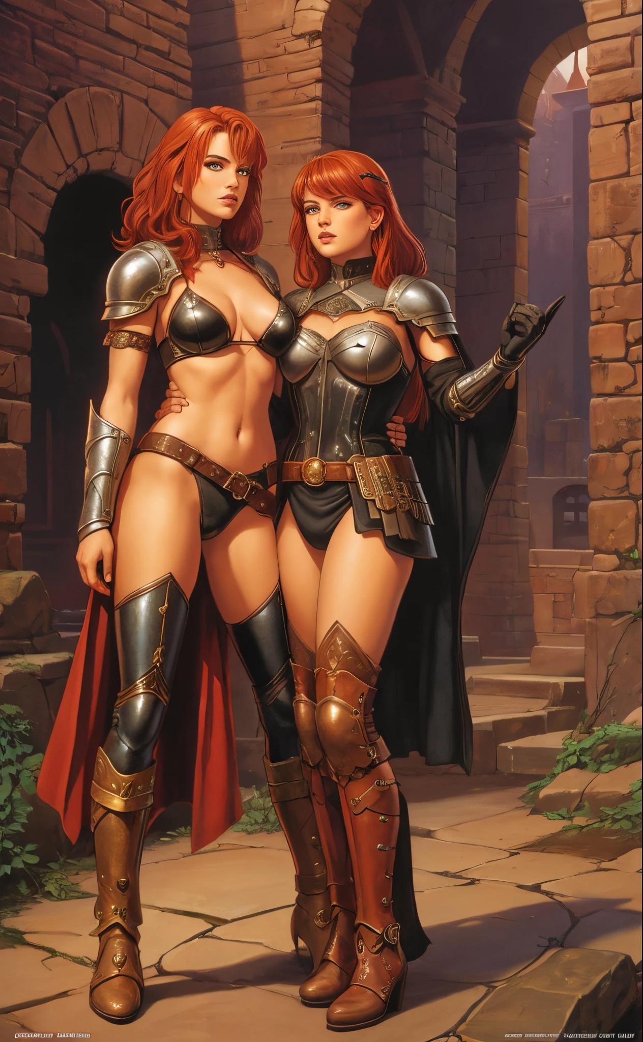 2girls, female barbarians, leather armour, blonde hair, red hair, full body shot, lesbian, romance, clyde caldwell