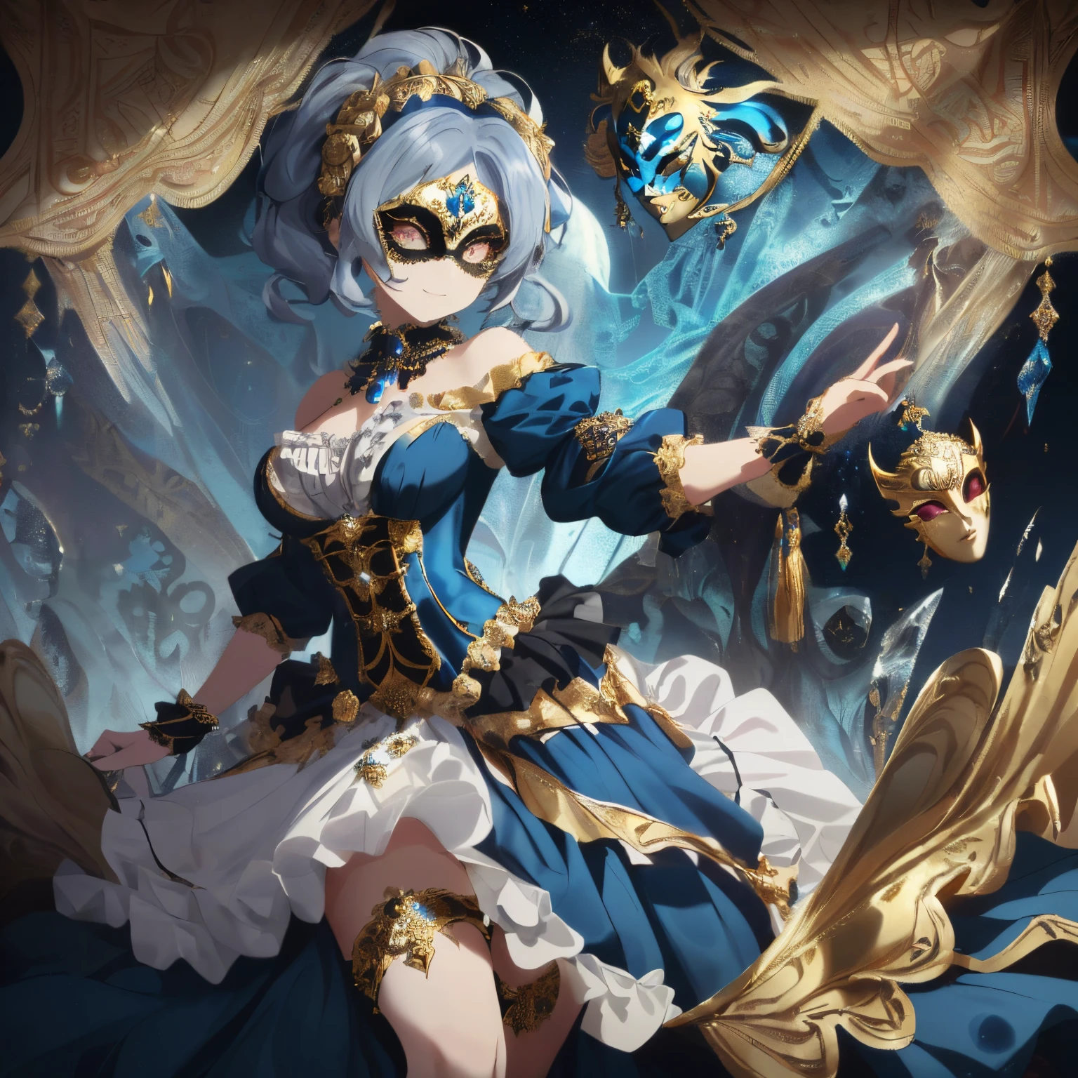 ((hair that is a mixture of gold and blue)),(curled twin tail hair),((She is wearing a mask like one would wear at a masquerade ball.)),((Mask to cover the eyes)),((Blue, gold, and black dress with lots of frills)),(flare sleeve),((corsets)),((The hem of the dress is long enough to reach the ground.)),(A chaotic worldview mixed with black, Blue, and silvers),(Tartarus),(Hellish world),((abyss)),((Have the hem of the dress、please accept me as a nobleman&#39;Daughter of....)),(Invincible smile),((The hem of the dress sways as if dancing))