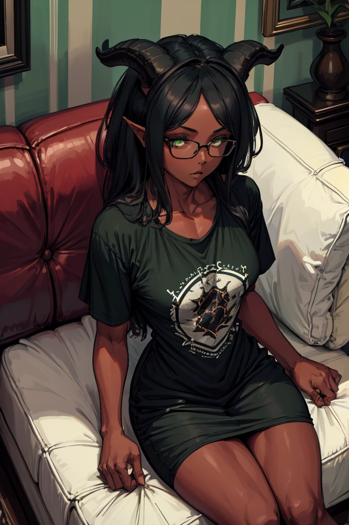 (Masterpiece) (High Detail) (High Res) (Black Skin) Looking from above A young black humanoid FutEred with dark skin and ebony flesh and green eyes and short black hair and goat ears and short dark goat horns and a toned teen body and small to average breasts dressed like a nerd wearing a loose t-shirt and sweats and glasses while sitting on a couch playing videogames