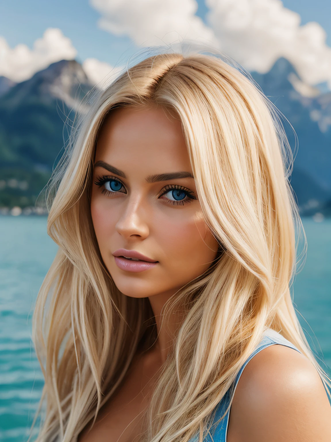 Photorealistic of a insanely beautiful woman with blonde windy messy hair, in the style of panasonic lumix s pro 50mm f/1.4, light beige and dark azure, celebrity images mashups, soft realism, barbiecore, unreal engine 5, 32k uhd, luminous quality, swiss realism, niji 5