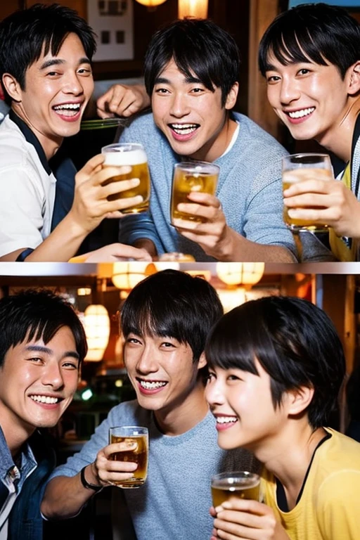 50 Japanese men,drinking beer and smiling,Bangs are divided into centers