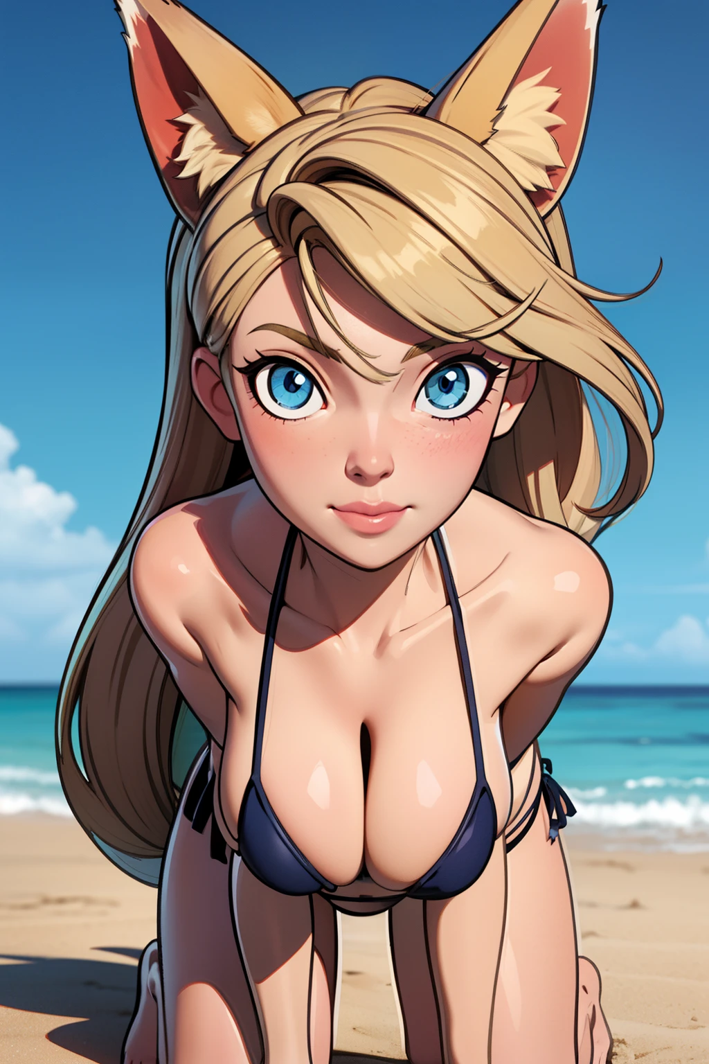 1girl, full body, teenager, solo, (long long straight hair, blonde hair: 1.28), ((light blue eyes)), perfect clear skin, (dark blonde fox ears: 1.35), taned skin, medium breasts, cleavage, (toned, athletic body: 1.25), beach background, looking at viewer, (wearing only a bikini: 1.5), kneeling down in the sand, at a beach, masterpiece, best quality,3d rending work ,3DMM style, close-up, portrait, 3D,