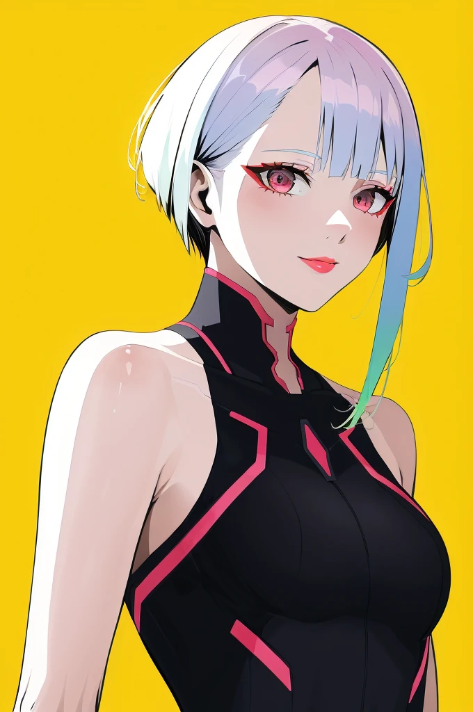 1个Giant Breast Girl, lucy \(cyber punk perssonage\), Alone, looking at viewert, cyber punk perssonage, short detailed hair, yellow backdrop, ssmile, exposed bare shoulders, Red eyeliner, cosmetics, Redlip, back to look back, Parted bangs, The upper part of the body, Cyborg, Multicolored eyes, Tights, Keep your mouth shut, White hair ,cyber punk perssonage \(series\), cyber punk edge runner,(a matural female),(tmasterpiece:1.2),(Best quality at best:1.2),