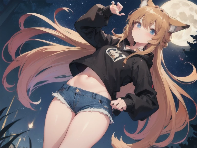 Girl with long flowing brown hair, has wolf ears, had wolf tail, wearing denim short shorts and a cropped black hoodie, thick thighs, wide hips, solo, showing belly, has glowing blue eyes, flat chest, in the Forest, night, shiny stars, full moon, best quality, Masterpiece