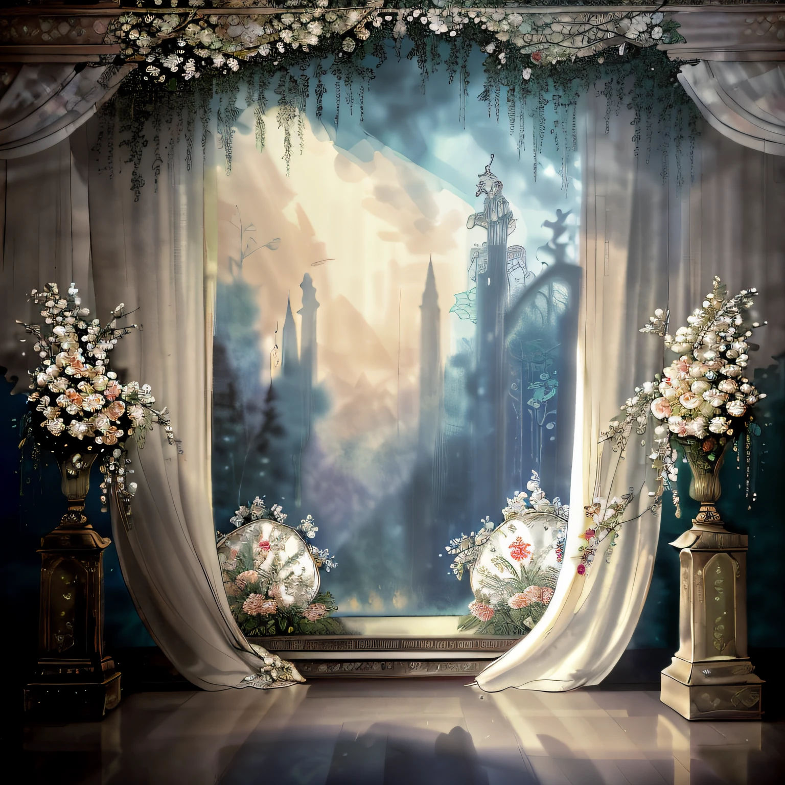 there is a painting of a wedding ceremony with flowers and greenery, stunning arcanum backdrop, baroque style painting backdrop, ornate backdrop, forest backdrop, light kingdom backdrop, portrait photo of a backdrop, foggy forrest backdrop, ballroom background, coliseum backdrop, ornate and intricate backdrop, floral painted backdrop, dreamy and detailed, studio backdrop, dreamy scene, background art deco palace