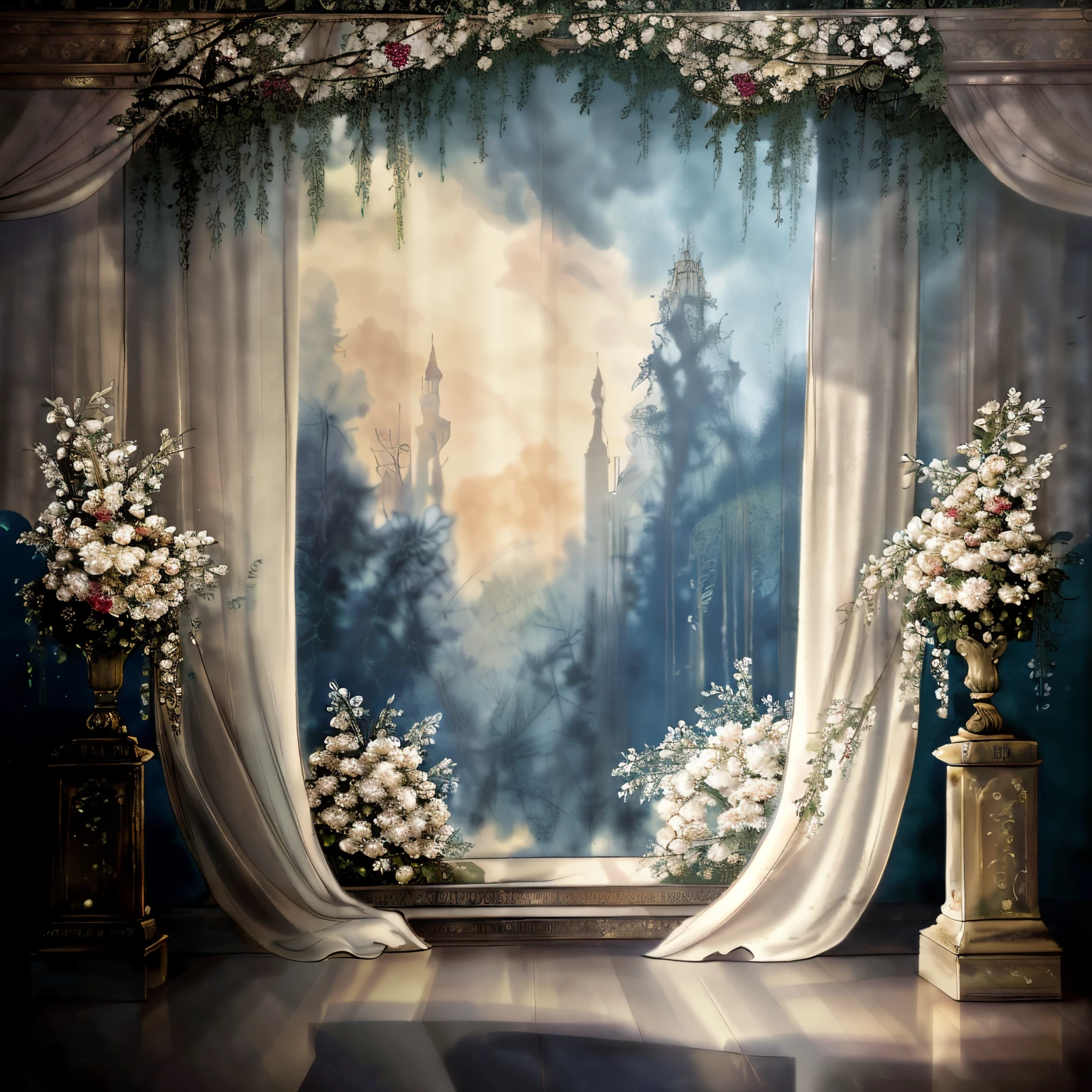 there is a painting of a wedding ceremony with flowers and greenery, stunning arcanum backdrop, baroque style painting backdrop, ornate backdrop, forest backdrop, light kingdom backdrop, portrait photo of a backdrop, foggy forrest backdrop, ballroom background, coliseum backdrop, ornate and intricate backdrop, floral painted backdrop, dreamy and detailed, studio backdrop, dreamy scene, background art deco palace