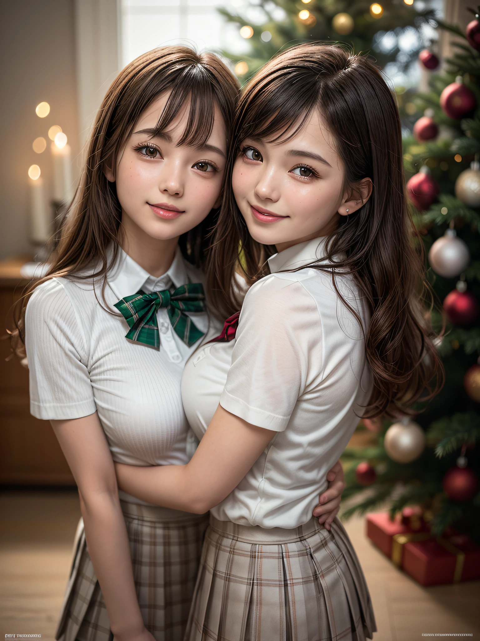 (2girls:1.4), Extremely cute, Amazing face and eyes, (Beautiful lovely smile), (extremely detailed beautiful face), bright and shiny lips, (School uniform, Pleated skirt:1.3), (Best Quality:1.4), (hyper quality), (Ultra-detailed), (Hyper-realistic, Photorealsitic:1.37), Authentic skin texture, intricate-detail, extremely detailed CG unified 8k wallpaper, RAW Photos, professional photograpy, Cinematic lighting, Exposing, Christmas tree, Christmas Ornaments, Christmas Decorations, Christmas Lights, christmas lights,