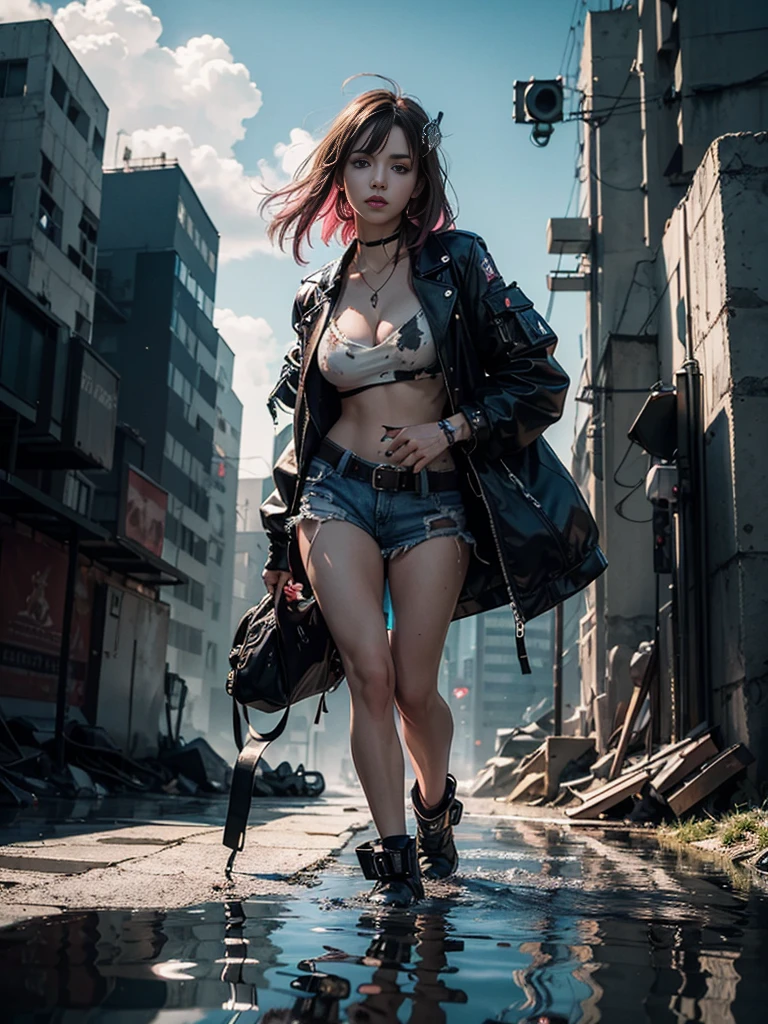 Unbeatable masterpiece, Ultra photo realistic, Perfect artwork, Intricate details, Best quality, Strong light, High contrast, Cyberpunk , Quantum punk, Nano punk , (Machinary:1.3)(Masterpiece) , (Best quality) , (extremely detailed wallpaper CG unity 8k) , (best character detail:1.36) , marshes ,Oppressive skies , Dark clouds , ([Specular reflection water]:1.37) , (fantasy) , cumulonimbus clouds , (The oppressive atmosphere of the host:1.14) , (Cold light:1.2) , Color splattering , Colorful , Brown hair with pink streak , full body ,White background , Blue eyes , wariza , bangs, hair adornments , Apocalyptic background , action, cube hair ornament , 1girl , fierce beautiful eyes, very sexy, torn shirt, cleavage, medium breast, looking at camera,
