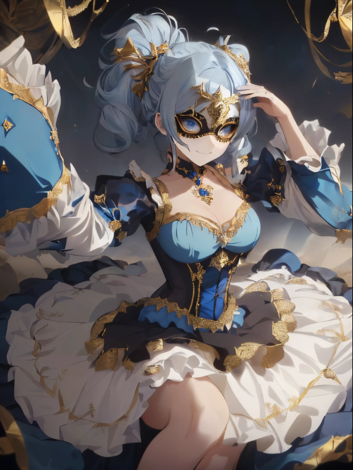 ((hair that is a mixture of gold and blue)),(Curled twin tail hair),((She is wearing a mask like one would wear at a masquerade ball..)),((Mask to cover the eyes)),((Blue, gold, A black dress with lots of frills)),(flare sleeve),((corsets)),((The hem of the dress is long enough to reach the ground.)),(A chaotic worldview mixed with black, Blue, and silvers),(Tartarus),(Hellish world),((abyss)),((Have the hem of the dress、please accept me as a nobleman&#39;Daughter of....)),(Invincible smile),((The hem of the dress sways as if dancing.))