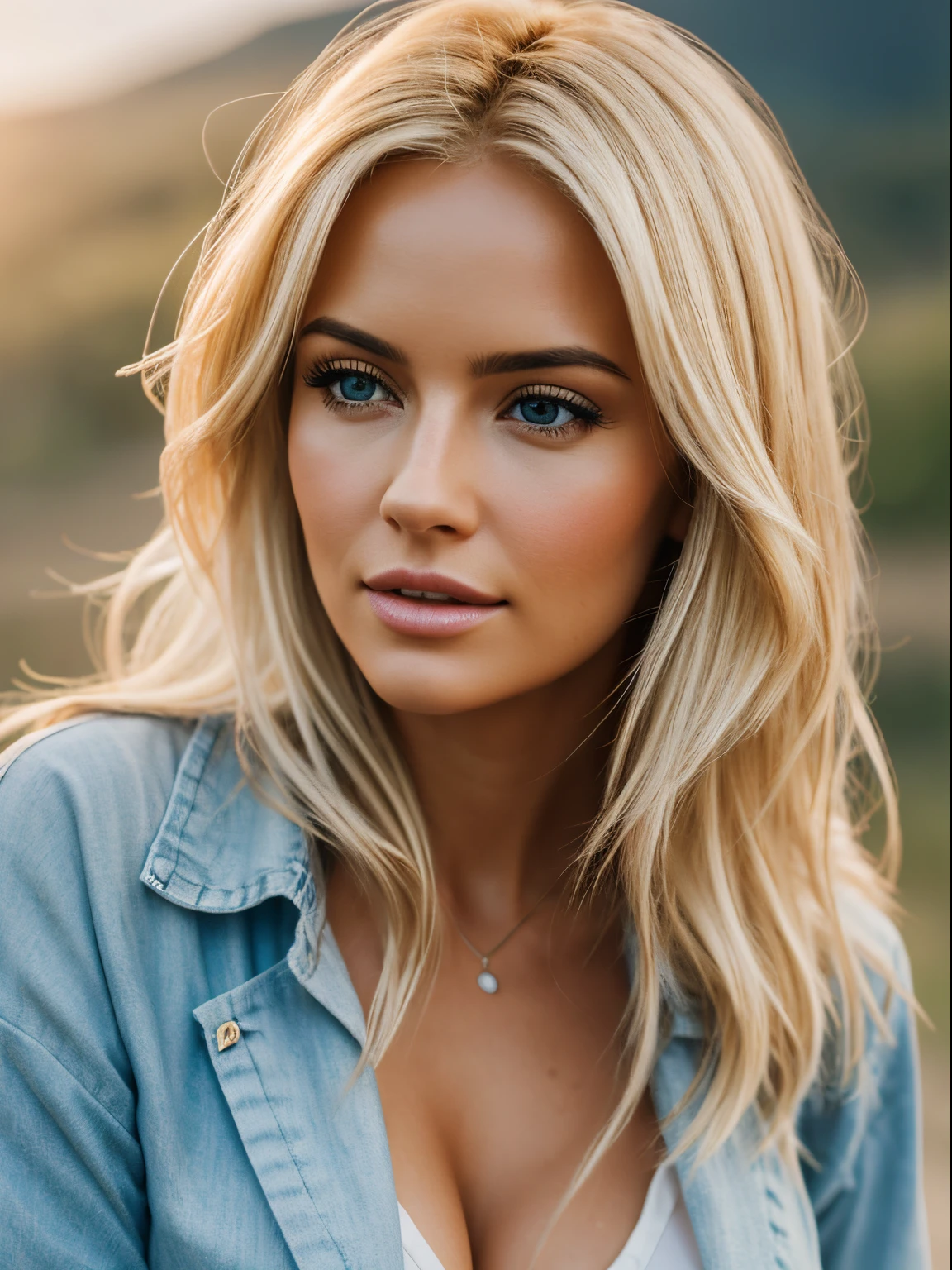 Photorealistic of a insanely beautiful woman with blonde windy messy hair, in the style of panasonic lumix s pro 50mm f/1.4, light beige and dark azure, celebrity images mashups, soft realism, barbiecore, unreal engine 5, 32k uhd, luminous quality, swiss realism, niji 5