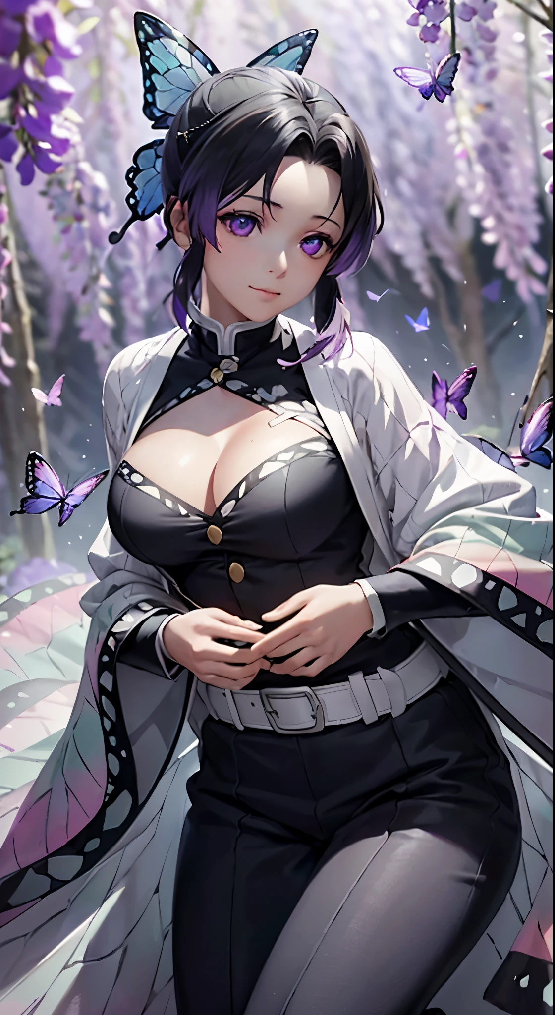 Ultra-realistic 8K CG,tmasterpiece,((Ultra detailed backgrounds,delicate patterns,intricate-detail)),best qualtiy,Full body photo,very vey very detailed face,extremely detailed eye and face,Very detailed eyes,kochou shinobu,O cabelo multicolorido,No bangs,Hair intake,Purple Eye,haori,Black uniform, Countless butterflies flying around,(Topical Garden:1.2),purple flower,Mostly cloudy sky,rays of sunshine,Tindall Effect,faces,Beautiful sky,Saber on the waist,enchanting posture,(Large breasts:1.3),(cleavage:1.3),(Off-the-shoulder clothing:1.6)