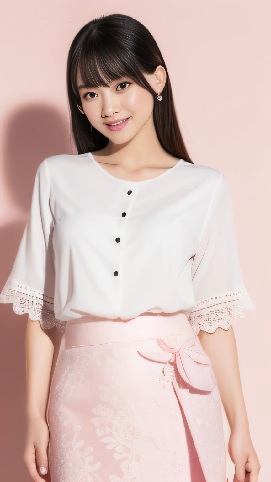 ulzzang -6500-v1.1, (Raw photo:1.2), (Photorealsitic), a beautiful detailed girl, (Real: 1.4), ighly detailedな目と顔, beatiful detailed eyes,  (Strapless blouse, flered skirt, Ultra-realistic pantyhose:1.2)、full body Esbian、 (Very affectionate smile:1.2)、huge filesize, hight resolution, ighly detailed, top-quality, [​masterpiece:1.6], illustratio, ighly detailed, nffsw, finely detail, top-quality, 8k wallpaper, Cinematographic lighting, 1girl in, 17 age, perfect body type, cute droopy eyes beautiful big eyes、Pieckfinger, ((masutepiece)), Best Quality, 1girl in, eye shadow, Upper body, Portrait, ((FULL BODYSHOT:1.6))、
