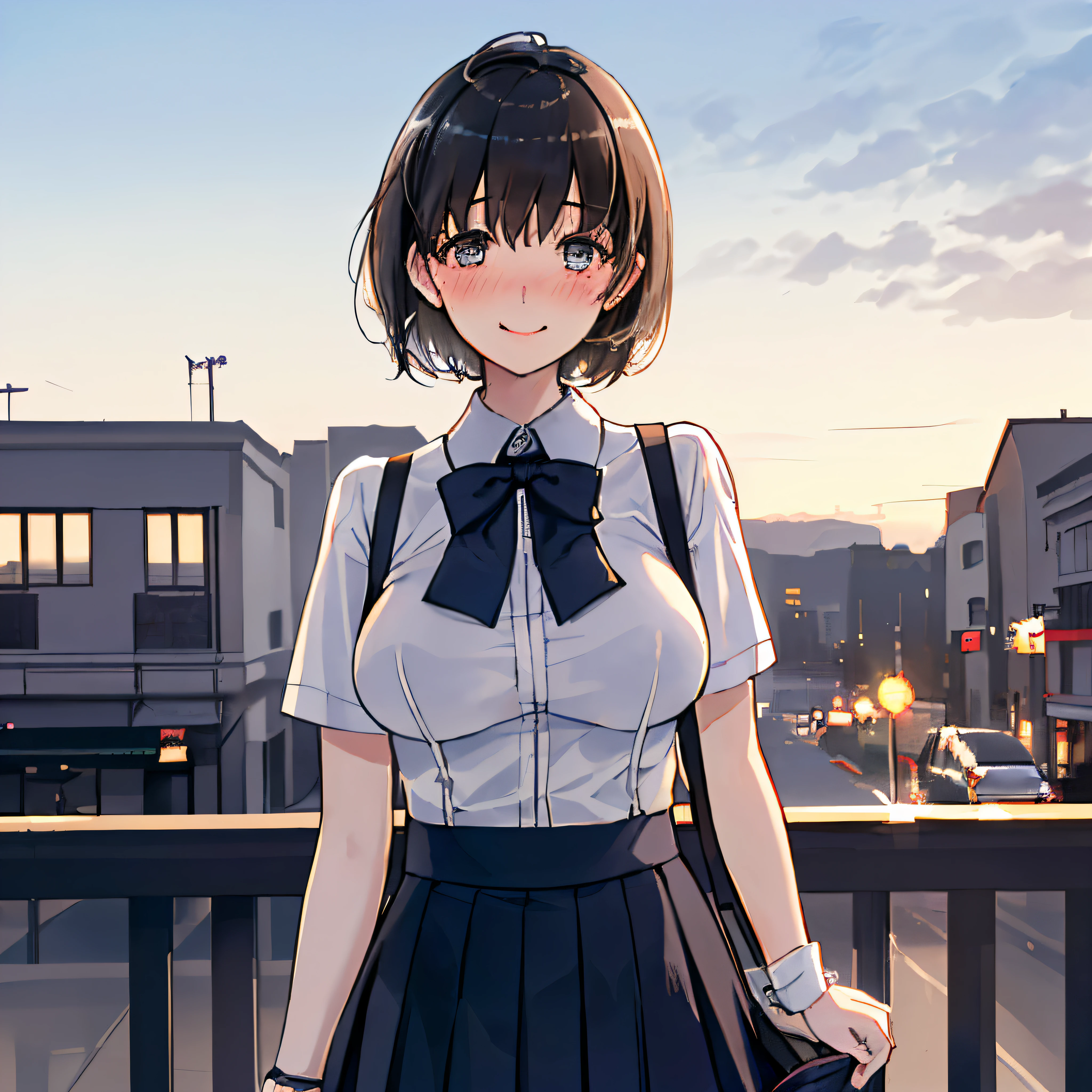 (8K, Best quality, tmasterpiece:1.2), (SFW:1.3), (actual, realistically:1.37), ultra - detailed, 1 girl,Cute big breasts, Alone,beautiful detailed sky,Detailed café,natta,sitted,outdated,(nose blushing),(ssmile:1.1),(close your mouth) mediuml breasts,beautidful eyes,(collared shir:1.1), neck bowtie,pleatedskirt,(Short hair details:1.2),strike