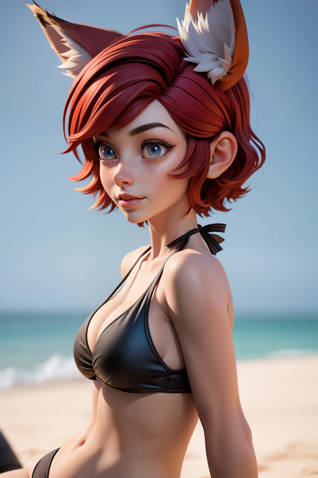 1girl, full body, ager, solo, (short pixie cut Hair, undercut red hair: 1.28), ((light gray eyes)), some small freckles, (dark fox ears: 1.35), pale skin, large breasts, cleavage, (thin hips, thin waist , athletic body: 1.25), simple background, looking away, (wearing only a bikini: 1.5), lying down in the sand, at a beach, masterpiece, best quality,3d rending work ,3DMM style, close-up, portrait, 3D,