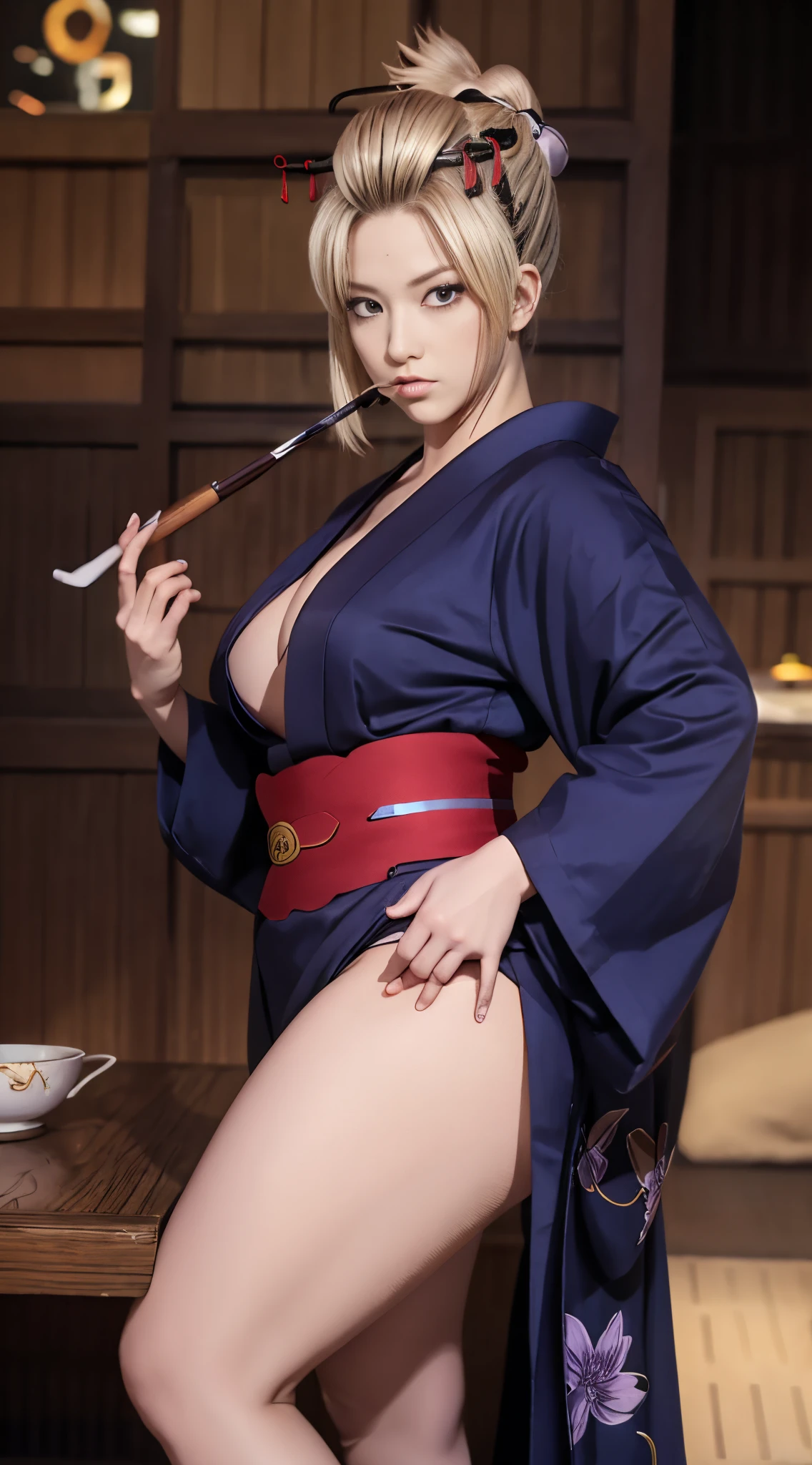 Masterpiece, highlydetailed, Hyperrealistic, HD fullbodyshot from below of a beautiful Tsukuyo from gintama, wearing a falloff shoulders geisha outfit, smoking pipe, face stitchs, glowing purple Eyes, blond hair, hairpins, high heels, traditional fan , perfect face features with serious gaze looking downward, perfect body shape with curvy and muscular seductive body,