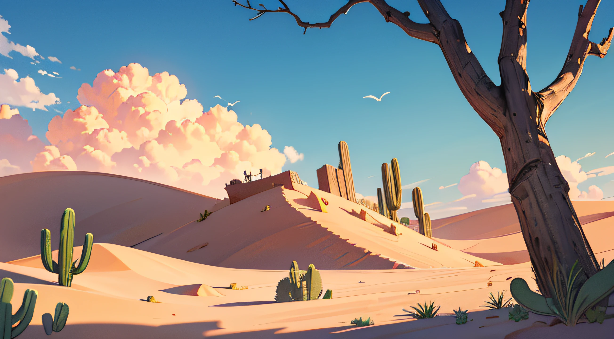 (illustrations : 1.0), photorealistic lighting, HD detail, 夏天, desert, sand, daytime, clouds, overcast, 12pm, Dead wood, tree without leaves, Screen angle slightly looking down, cactus