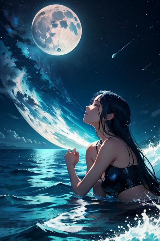 CG,Anime comic style,Surrounded by dark seawater,Sparkling,There is a shimmer at the top,The silhouette of a blurred person is in the middle of the picture,wide angles,The human form is constantly falling
