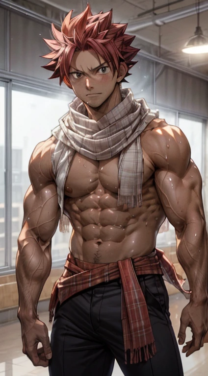 masterpiece, best quality red eyes, game cg, 1boy naked and V-Line sweating, solo, male focus, (looking at viewer), upper body open shirt, natsu_dragneel Natsu Dragneel, vibrant hair, brown eyes, open shirt ((white scarf:1.2)), toned muscle sweating, pectorals, 8 abs, toned legs, legs, slightly bulged, detailed, bedroom lighting, well lit, office buildings and highways in the background,