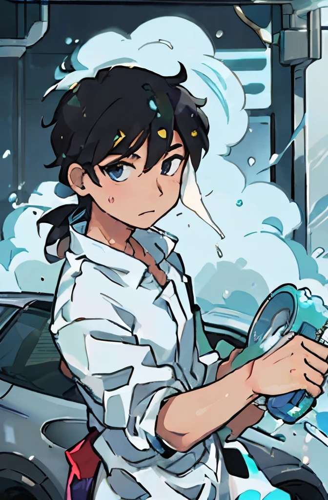 "Experience the ultimate clean with our professional car wash service, Featuring Asian men in trendy anime style. Watch foam and bubbles dance across the vehicle's surface, make it sparkle、spotless."