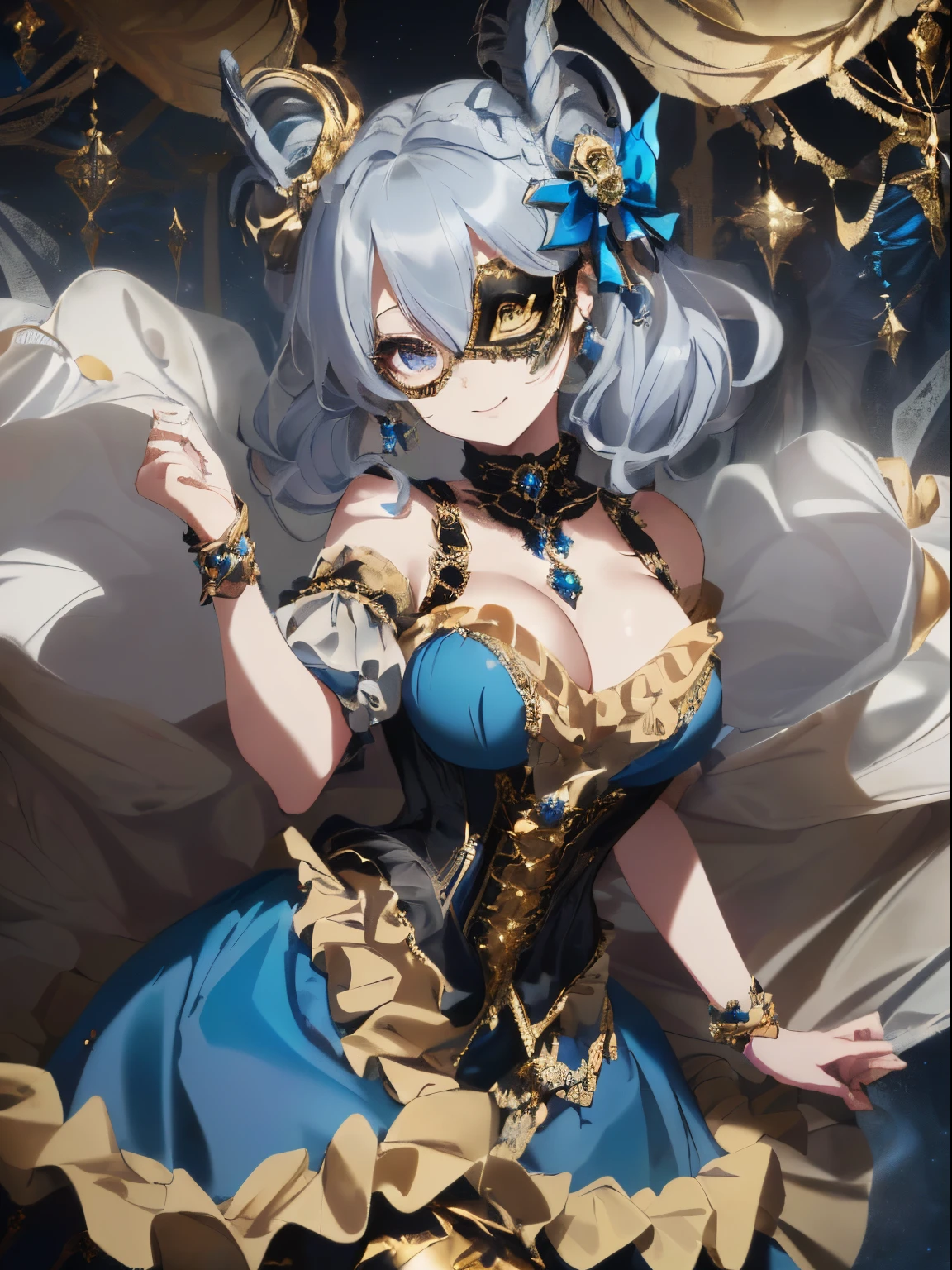 ((hair that is a mixture of gold and blue)),(Curled twin tail hair),((She is wearing a mask like one would wear at a masquerade ball....)),((Mask to cover the eyes)),((Blue, gold, A black dress with lots of frills)),(flare sleeve),((corsets)),((The hem of the dress is long enough to reach the ground.)),(A chaotic worldview mixed with black, Blue, and silvers),(Tartarus),(Hellish world),((abyss)),((Have the hem of the dress、please accept me as a nobleman&#39;Daughter of....)),(Invincible smile),((The hem of the dress sways as if dancing...))