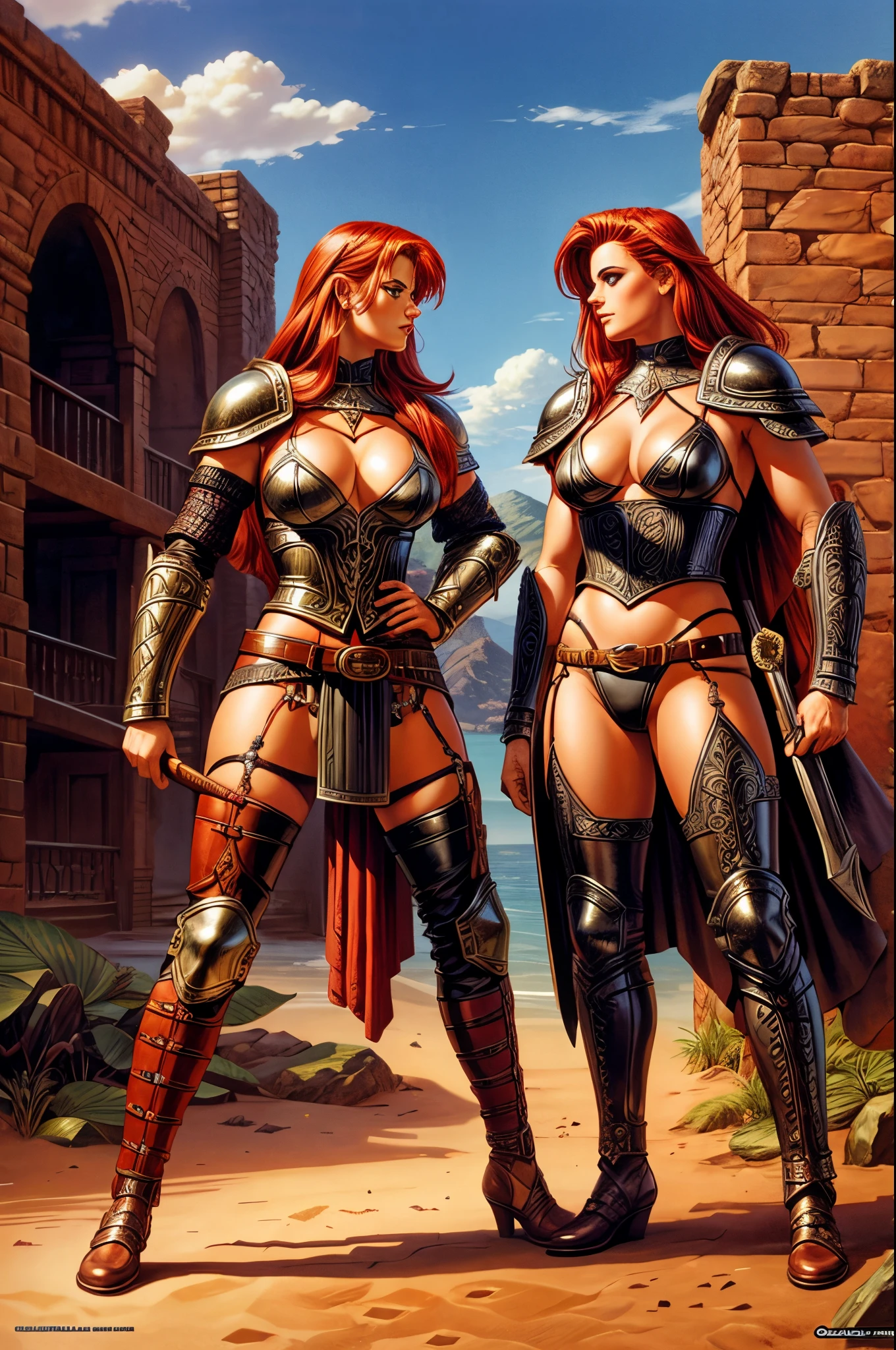 2girls, female barbarians, leather armour, blonde hair, red hair, full body shot, lesbian, romance, clyde caldwell