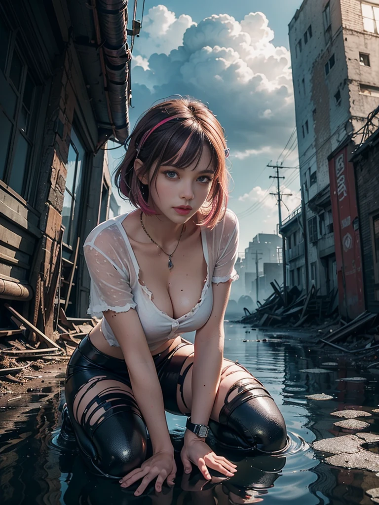 Unbeatable masterpiece, Ultra photo realistic, Perfect artwork, Intricate details, Best quality, Strong light, High contrast, Cyberpunk , Quantum punk, Nano punk , (Machinary:1.3)(Masterpiece) , (Best quality) , (extremely detailed wallpaper CG unity 8k) , (best character detail:1.36) , marshes ,Oppressive skies , Dark clouds , ([Specular reflection water]:1.37) , (fantasy) , cumulonimbus clouds , (The oppressive atmosphere of the host:1.14) , (Cold light:1.2) , Color splattering , Colorful , Brown hair with pink streak , full body ,White background , Blue eyes , wariza , bangs, hair adornments , Apocalyptic background , action, cube hair ornament , 1girl , fierce beautiful eyes, very sexy, torn shirt, cleavage, medium breast, looking at camera,