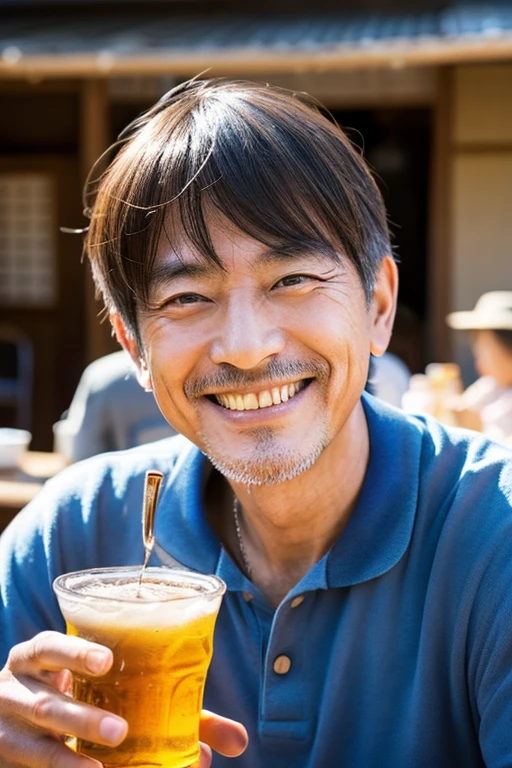Portrait of a smiling Japanese man in his 50s drinking beer,Bangs are divided into centers