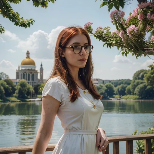 Cinematic realistic photography, Wes Anderson style, redhead nerdy beautiful woman 30 years old amouranth afared, at lake side in a sunny day with a white dress, bright colours, colourful picture. In the picture you can also see a hotel near the lake. There is a structure which holds flowers inside the picture. The Sky in really bright and sunny