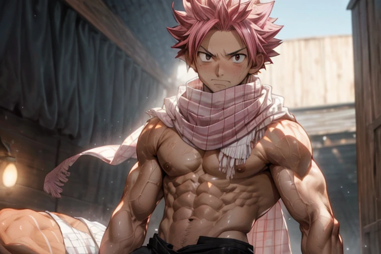 masterpiece, best quality red eyes, game cg, 1boy naked and V-Line body, solo, male focus, (looking at viewer), upper body natsu_dragneel Natsu Dragneel, pink hair, brown eyes, shirtless naked, ((white scarf:1.2)), toned muscle pectorals, 8 abs, toned legs, legs, slightly bulged,  detailed, spotlighting, spotlight, black background of photo studio