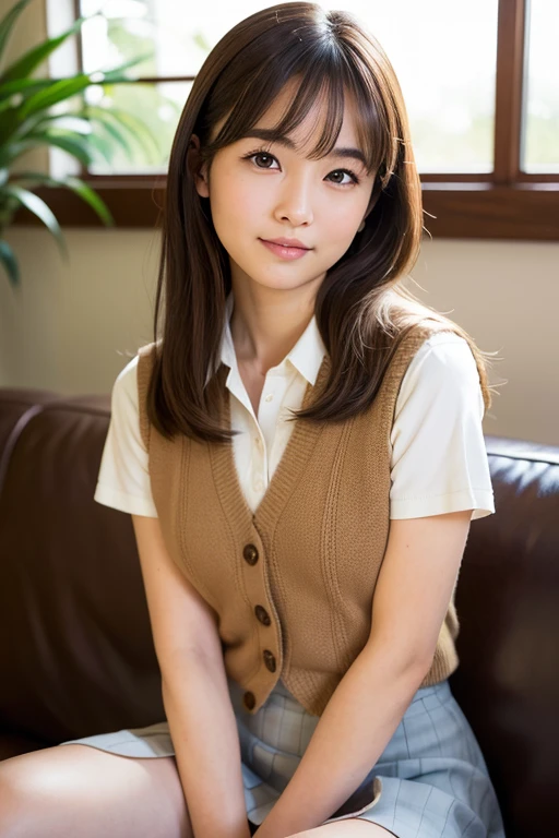 best quality, face focus, soft light, ultra high res, (photorealistic:1.4), RAW photo,
1japanese girl, solo, cute, (shy smile:0.5), (brown eyes, lights in the eyes), detailed beautiful face, (small chest),(high resolution detail of human skin texture),
(long hair),
sit couch,
school uniform, vest, skirt