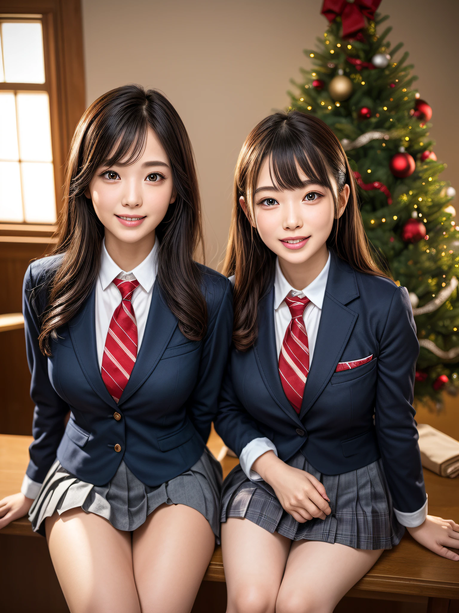 (2girls:1.4), Extremely cute, Amazing face and eyes, (Beautiful lovely smile), (extremely detailed beautiful face), bright and shiny lips, (School uniform, Pleated skirt:1.3), (Best Quality:1.4), (hyper quality), (Ultra-detailed), (Hyper-realistic, Photorealsitic:1.37), Authentic skin texture, intricate-detail, extremely detailed CG unified 8k wallpaper, RAW Photos, professional photograpy, Cinematic lighting, Exposing, Christmas tree, Christmas Ornaments, Christmas Decorations, Christmas Lights, christmas lights,