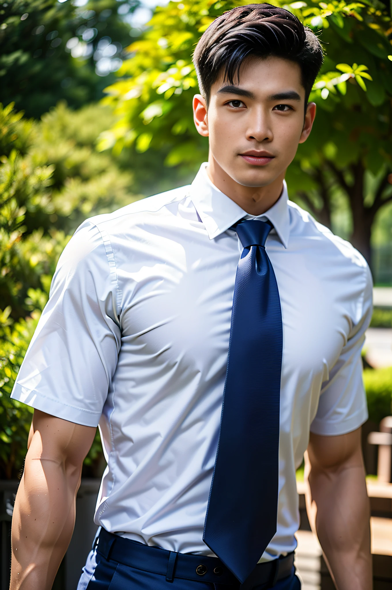 masterpiece, bestquality, High Quality, extremely detailed cg unity 8k wallpaper, Depth of Field, HDR,,photorealistic portrait,Very detailed, 1 man, asian, Short black hair (Wear a white shirt.. Blue tie), Pectoral muscles, Big arm muscles, blood vessel, Big muscles, Wide shoulders, looking at the audience, balance eyes, (eye contact)