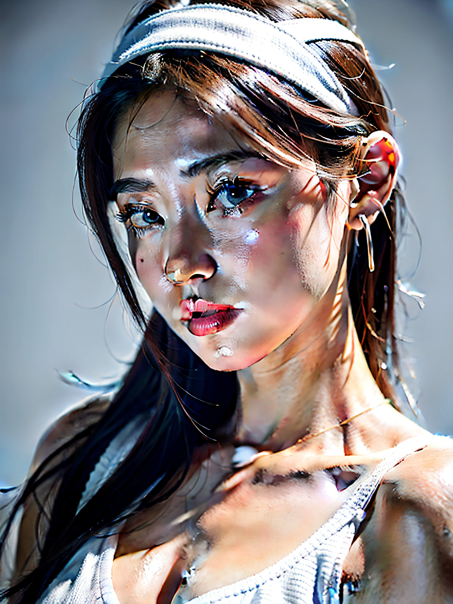 8K, Best Quality, Masterpiece, Ultra High Resolution, (Realism: 1.4), Original Photo, (Realistic Skin Texture: 1.3), (Film Grain: 1.3), (Selfie Angle), 1 Girl, Beautiful Eyes and Face Details, Masterpiece, Best Quality, Close-up, Upper Body, Looking at the Viewer